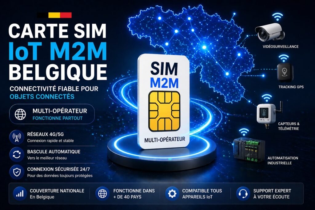 Carte SIM IoT M2M Belgique – Connectivité multi-opérateur fiable pour objets connectés carte sim iot m2m belgique multi operateur connexion objets connectes gps capteurs data fiable 4g 5g