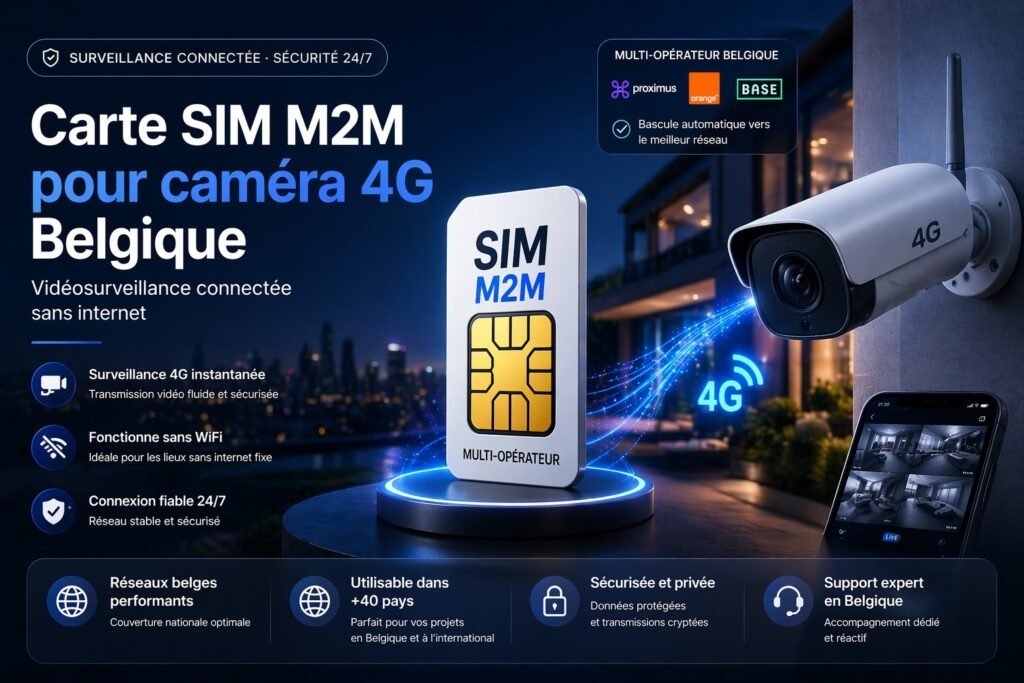 Carte SIM M2M caméra 4G Belgique – vidéosurveillance connectée sans internet carte sim m2m camera 4g belgique surveillance video sans wifi connexion securisee iot multi operateur 24 7