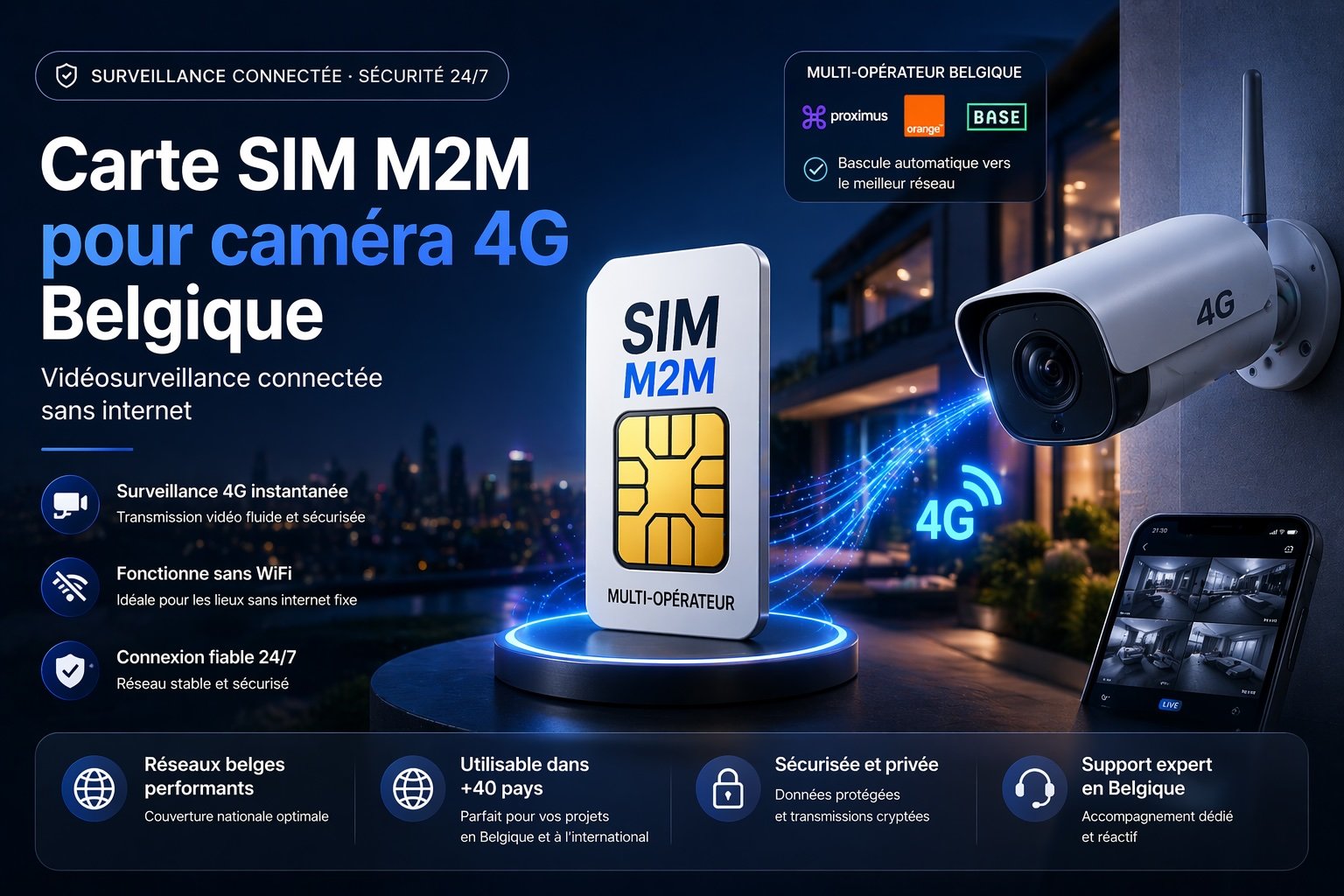 carte sim m2m camera 4g belgique surveillance video sans wifi connexion securisee iot multi operateur 24 7