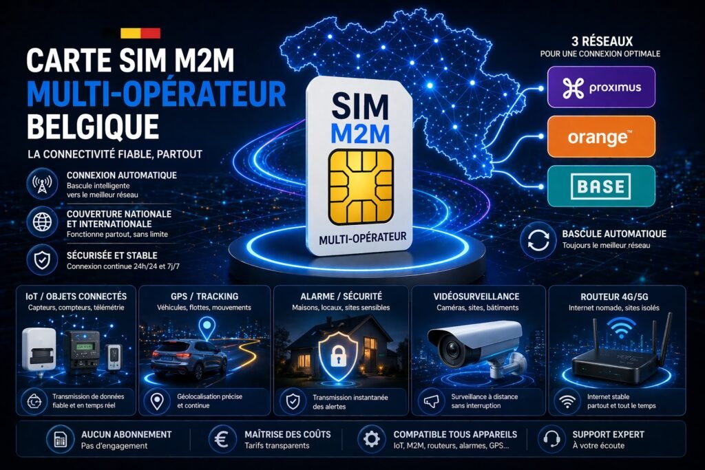 Carte SIM M2M multi-opérateur Belgique – Connexion fiable tous réseaux 4G/5G carte sim m2m multi operateur belgique proximus orange base connexion automatique reseau iot gps alarme routeur stable