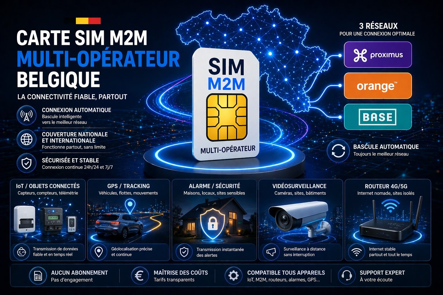 carte sim m2m multi operateur belgique proximus orange base connexion automatique reseau iot gps alarme routeur stable