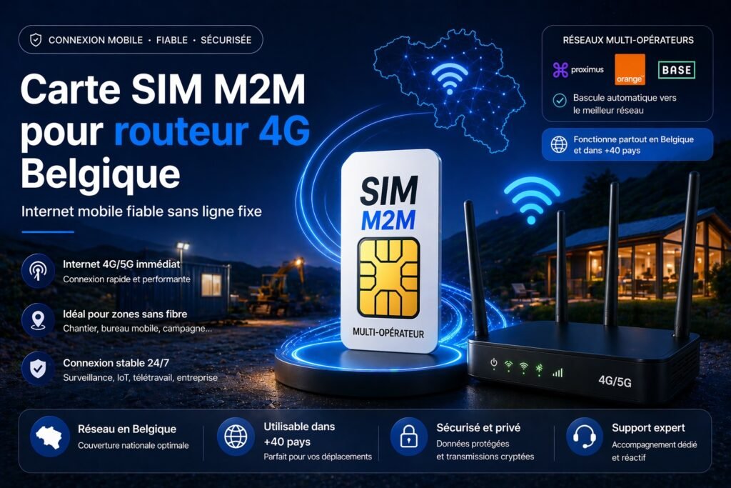 Carte SIM M2M pour routeur 4G Belgique – Internet mobile stable sans fibre carte sim m2m routeur 4g belgique internet mobile sans fibre connexion stable multi operateur iot 24 7