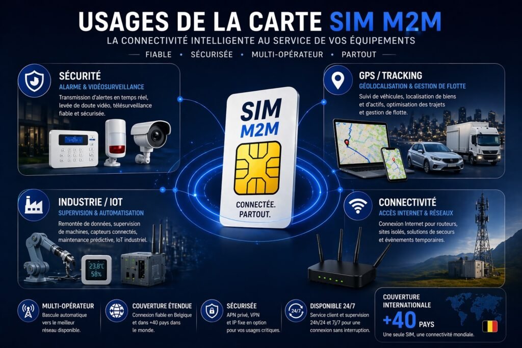 Usages carte SIM M2M Belgique – IoT, GPS, alarme et connectivité multi-opérateurs usages carte sim m2m belgique iot gps alarme videosurveillance industrie connectivite multi operateur 40 pays