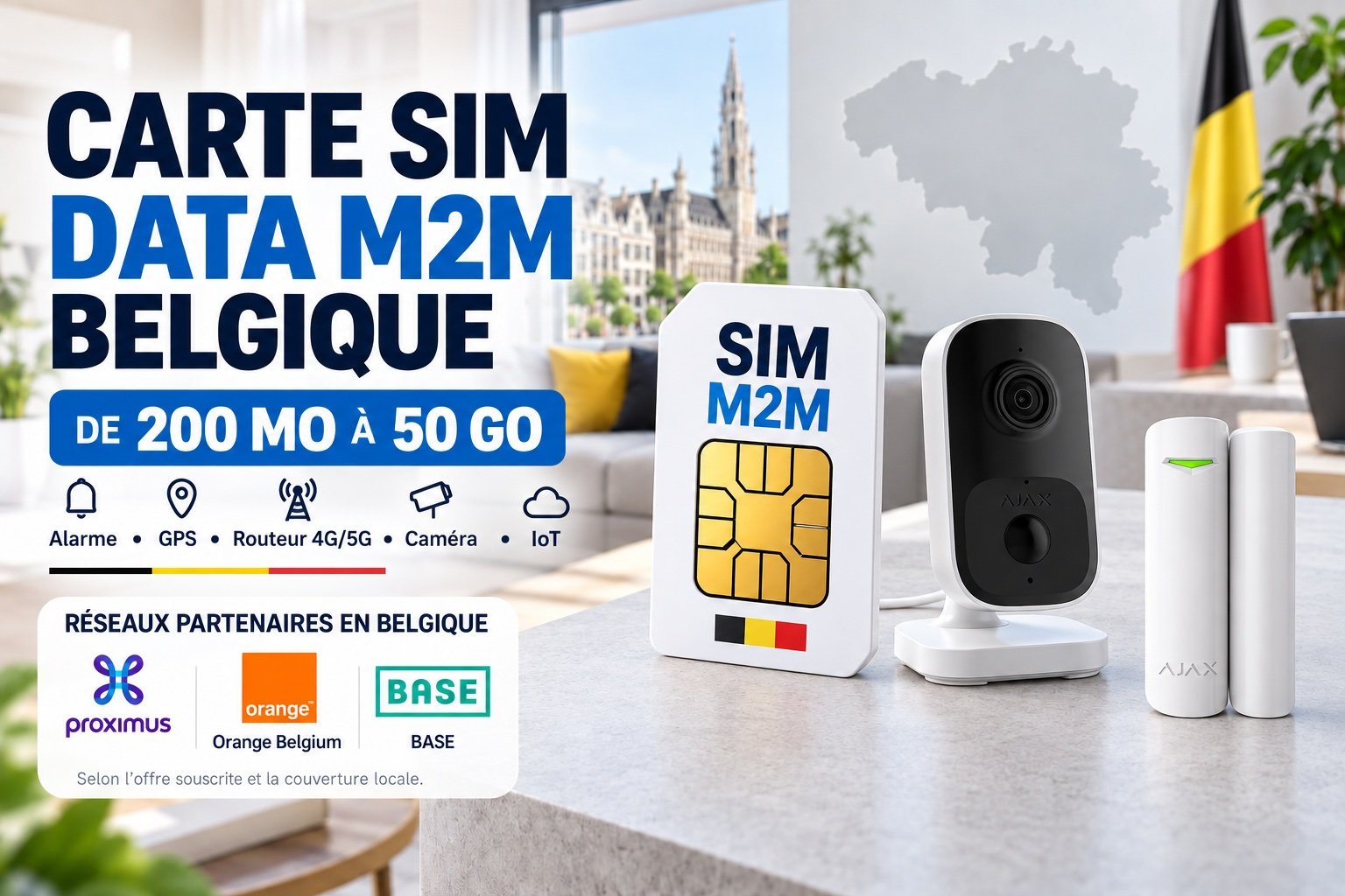 Carte SIM DATA M2M Belgique – Connexion mobile multi-opérateur 4G/5G fiable Carte SIM Data M2M en Belgique de 200 Mo à 50 Go, compatible avec les réseaux partenaires Proximus, Orange Belgium et BASE, pour alarme AJAX, GPS, routeur 4G/5G, caméra et IoT.