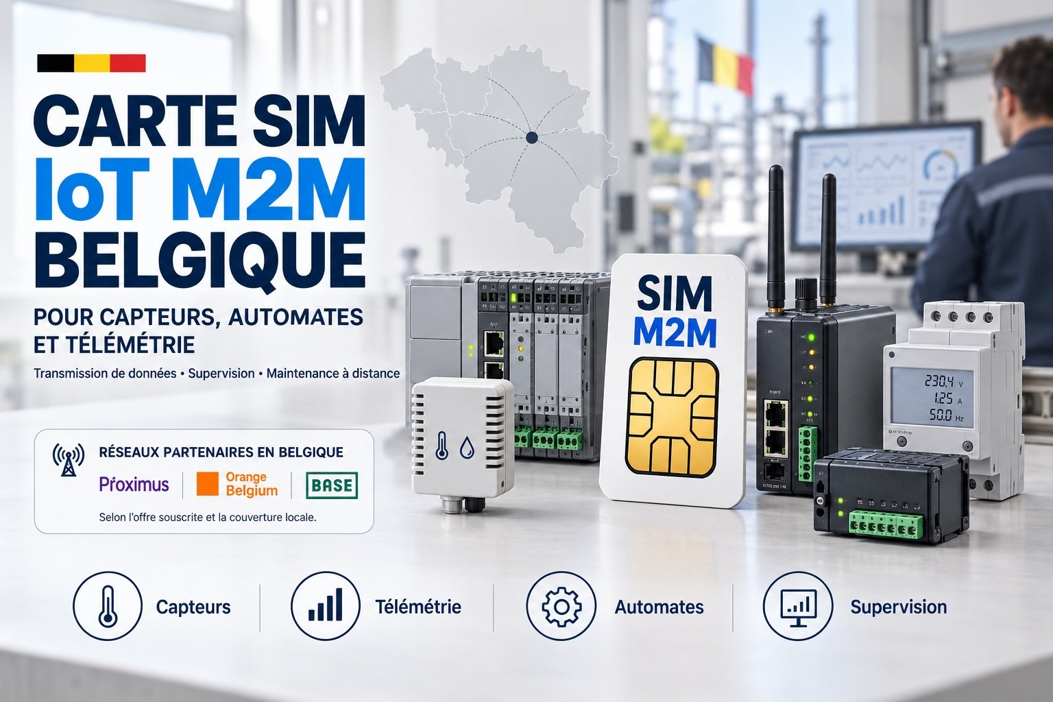Carte SIM IoT M2M Belgique – Connectivité multi-opérateur fiable pour objets connectés Carte SIM IoT M2M en Belgique pour capteurs connectés, automates, télémétrie et supervision, avec accès aux réseaux partenaires Proximus, Orange Belgium et BASE selon l’offre et la couverture locale.