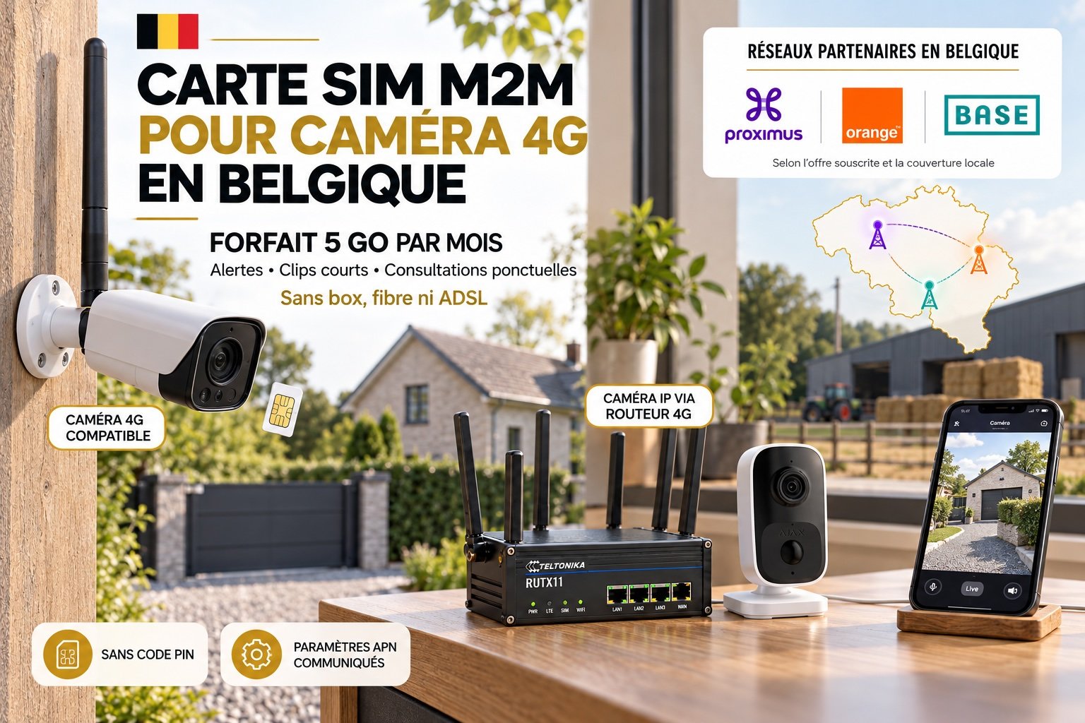 Carte SIM M2M caméra 4G Belgique – vidéosurveillance connectée sans internet Carte SIM M2M 5 Go pour caméra 4G en Belgique avec IndoorCam AJAX, routeur Teltonika RUTX11 et réseaux Proximus, Orange et BASE.