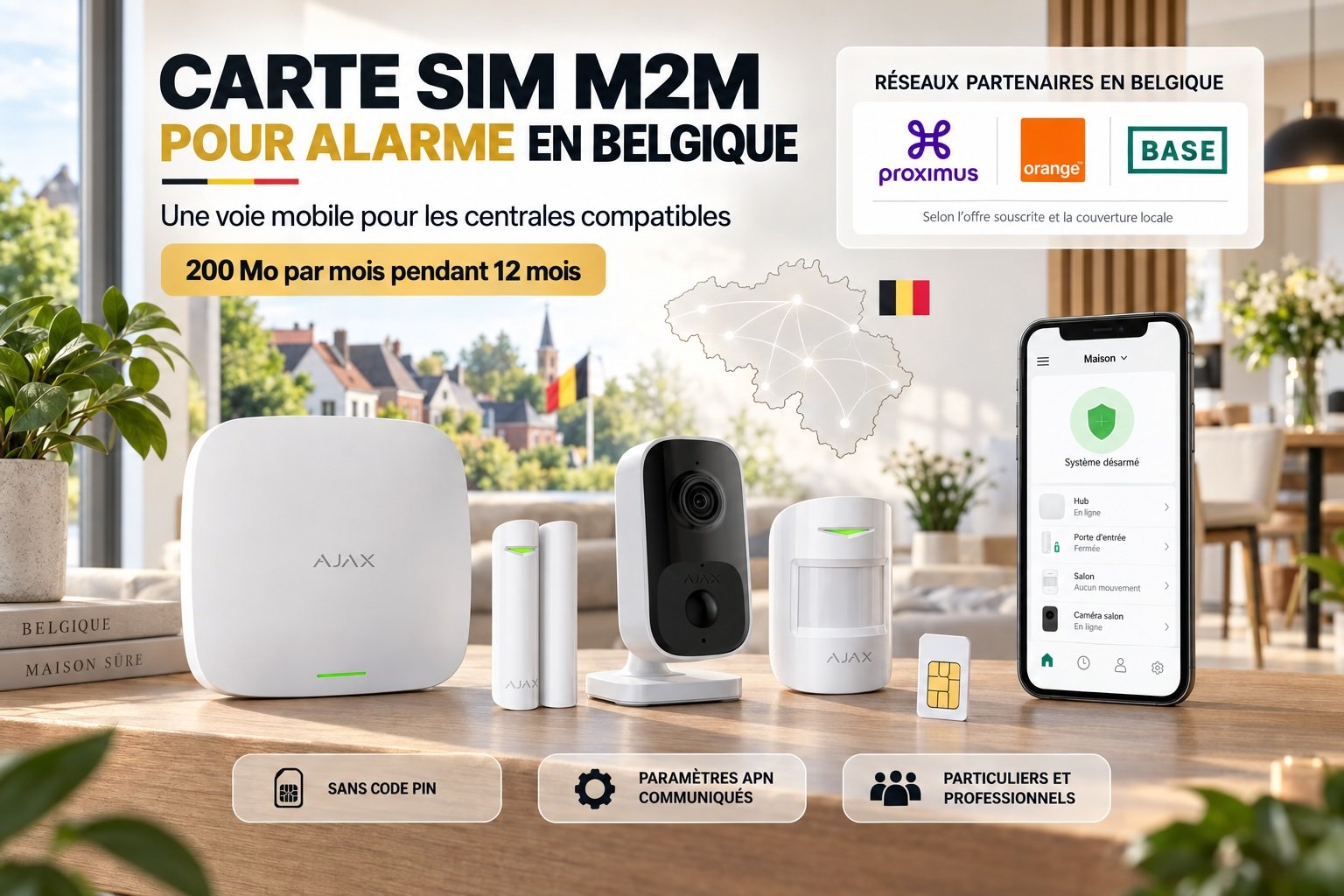 Carte SIM M2M pour alarme Belgique – Transmission sécurisée 24/7 sans internet Carte SIM M2M 200 Mo pour alarme AJAX en Belgique avec DoorProtect, IndoorCam et accès aux réseaux Proximus, Orange et BASE.