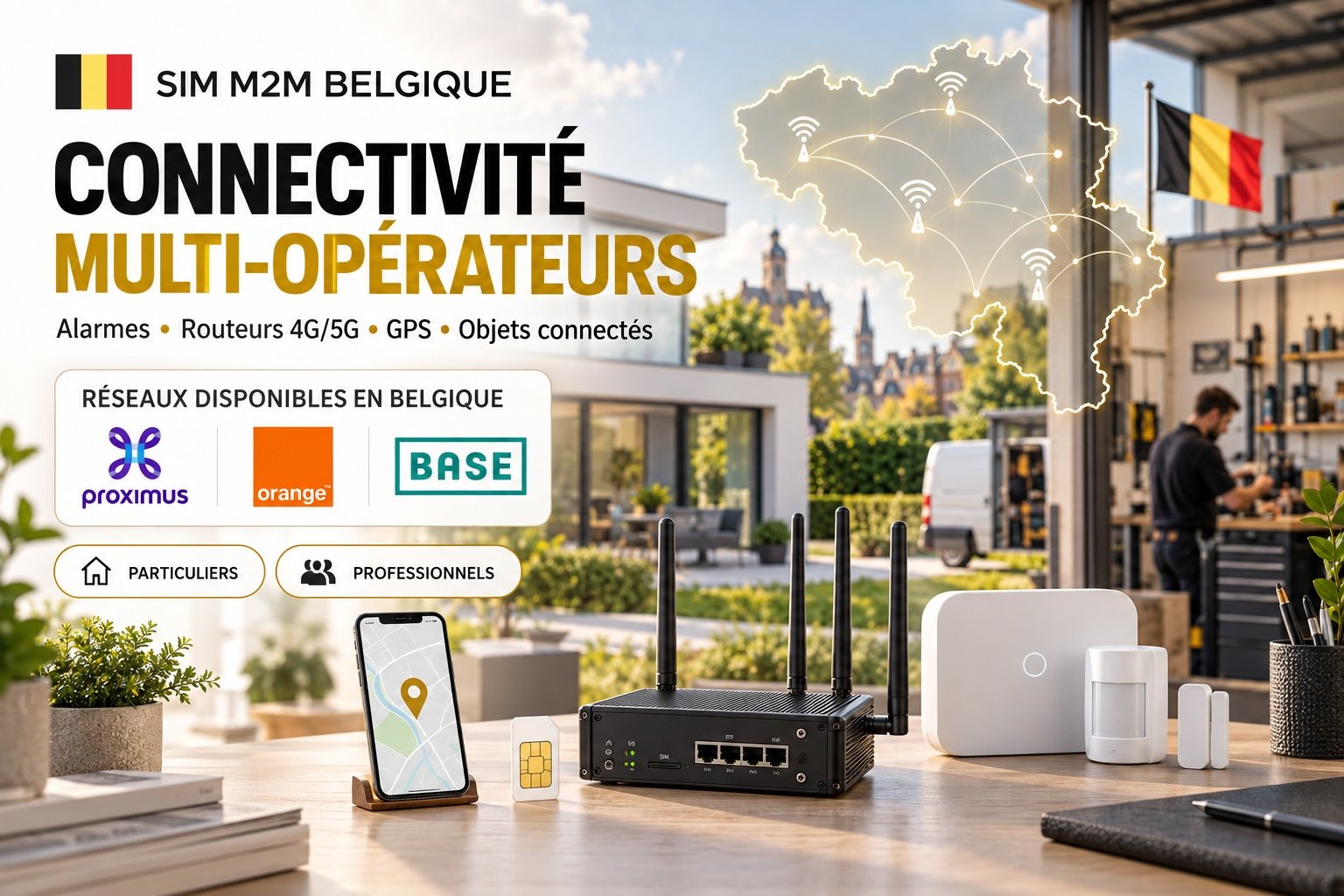 Carte SIM M2M Belgique multi-opérateur pour alarmes, routeurs 4G/5G, GPS et objets connectés sur les réseaux Proximus, Orange et BASE.
