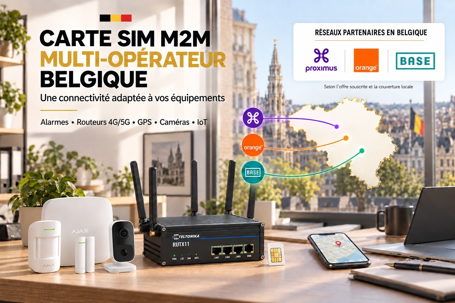 Carte SIM M2M multi-opérateur Belgique – Connexion fiable tous réseaux 4G/5G Carte SIM M2M multi-opérateur Belgique avec alarme AJAX, IndoorCam, iPhone et routeur Teltonika RUTX11 sur les réseaux Proximus, Orange et BASE.