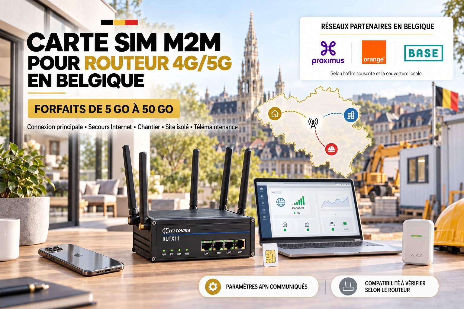 Carte SIM M2M pour routeur 4G Belgique – Internet mobile stable sans fibre Carte SIM M2M pour routeur 4G/5G en Belgique avec routeur Teltonika, forfaits de 5 à 50 Go et accès aux réseaux Proximus, Orange et BASE.