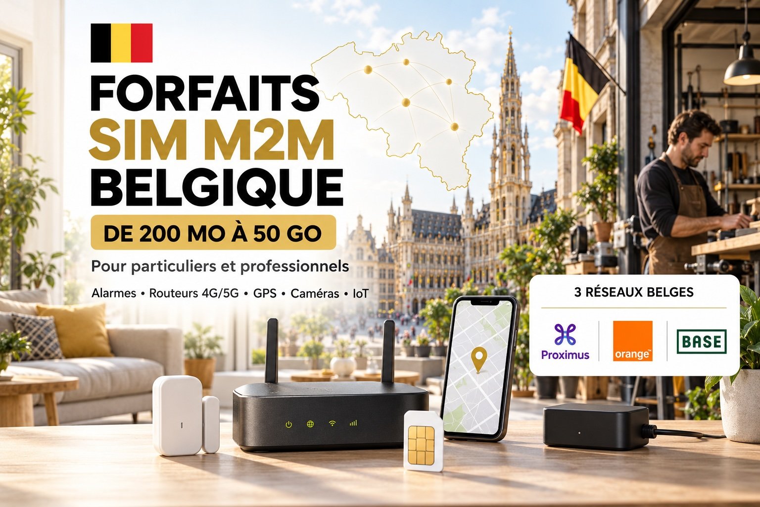 Forfaits SIM M2M Belgique de 200 Mo à 50 Go pour alarmes, routeurs 4G/5G, GPS, caméras et IoT sur les réseaux Proximus, Orange et BASE.