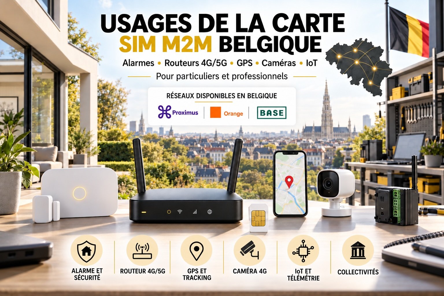 Usages carte SIM M2M Belgique – IoT, GPS, alarme et connectivité multi-opérateurs Usages d’une carte SIM M2M en Belgique pour alarme, routeur 4G/5G, GPS, caméra, IoT, télémétrie et collectivités sur les réseaux Proximus, Orange et BASE.